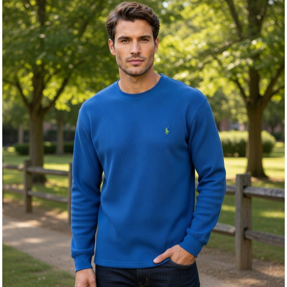 Polo Ralph‎ Lauren Mens Blue Waffle Knit Thermal Long Sleeve Shirt Large L Pony